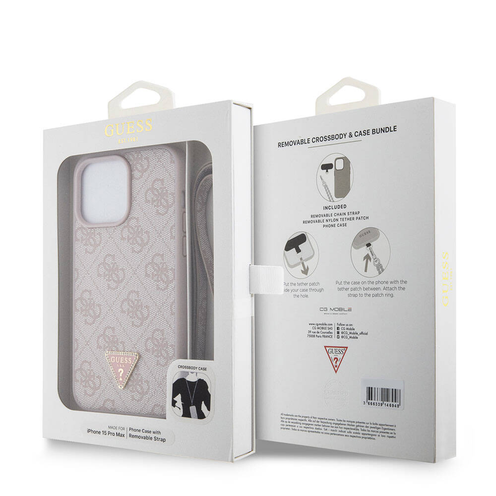 iPhone 15 Pro Max Kılıf Guess Orjinal Lisanslı PU Deri Askılı Taşlı Üçgen Logo 4G Desenli Strass Crossbody Kapak
