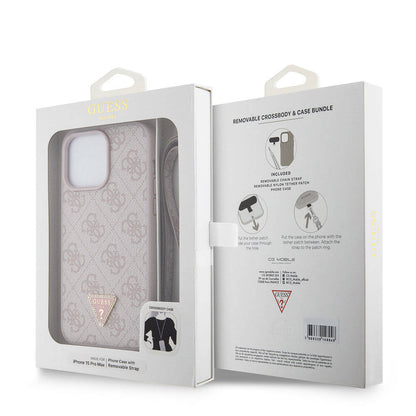 iPhone 15 Pro Max Kılıf Guess Orjinal Lisanslı PU Deri Askılı Taşlı Üçgen Logo 4G Desenli Strass Crossbody Kapak