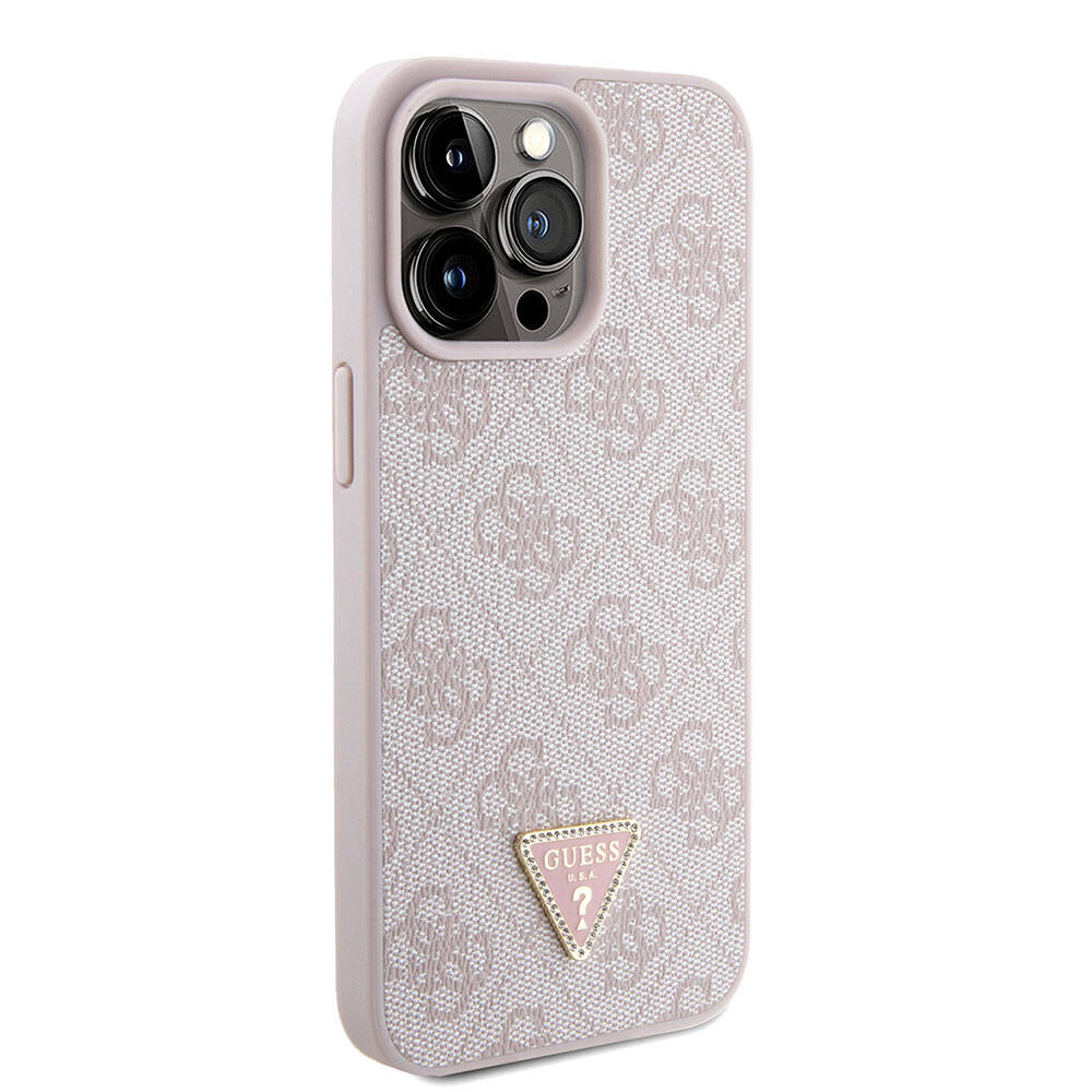 iPhone 15 Pro Max Kılıf Guess Orjinal Lisanslı PU Deri Askılı Taşlı Üçgen Logo 4G Desenli Strass Crossbody Kapak