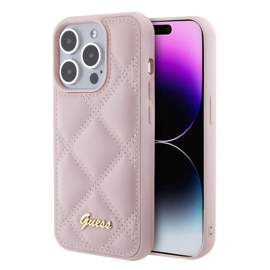 iPhone 15 Pro Max Kılıf Guess Orjinal Lisanslı PU Deri Metal Yazı Logolu Kapitone Kapak