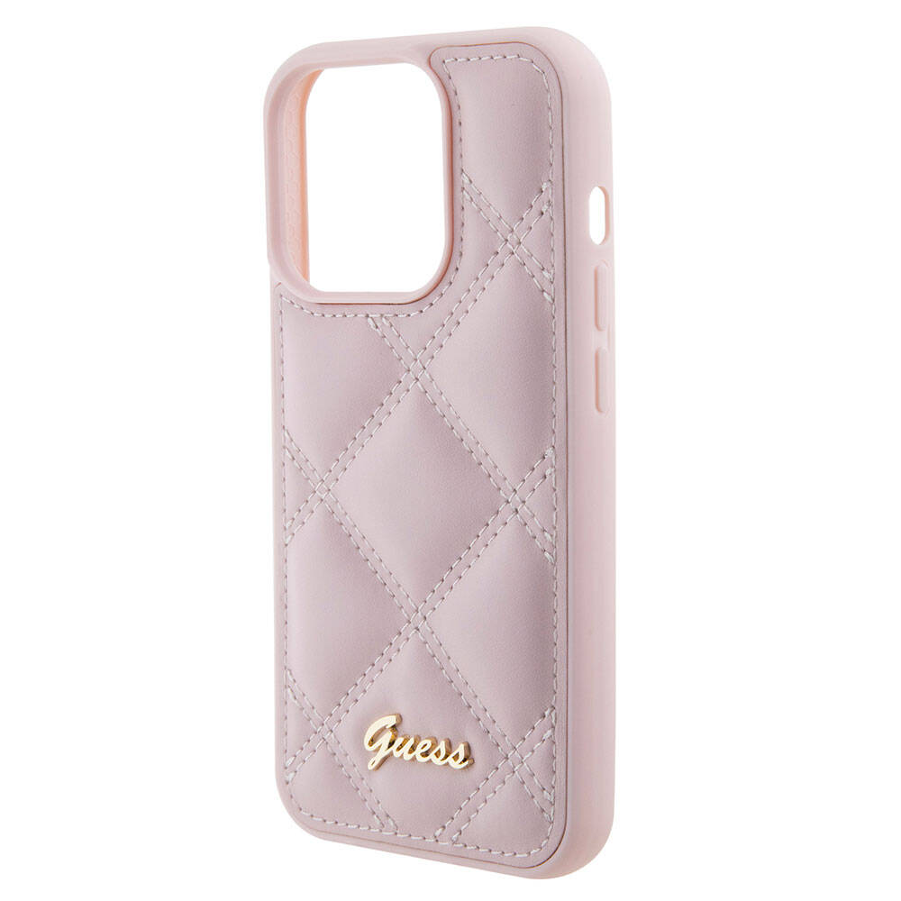 iPhone 15 Pro Max Kılıf Guess Orjinal Lisanslı PU Deri Metal Yazı Logolu Kapitone Kapak