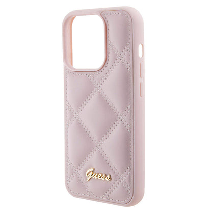iPhone 15 Pro Max Kılıf Guess Orjinal Lisanslı PU Deri Metal Yazı Logolu Kapitone Kapak