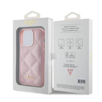 iPhone 15 Pro Max Kılıf Guess Orjinal Lisanslı PU Deri Metal Yazı Logolu Kapitone Kapak