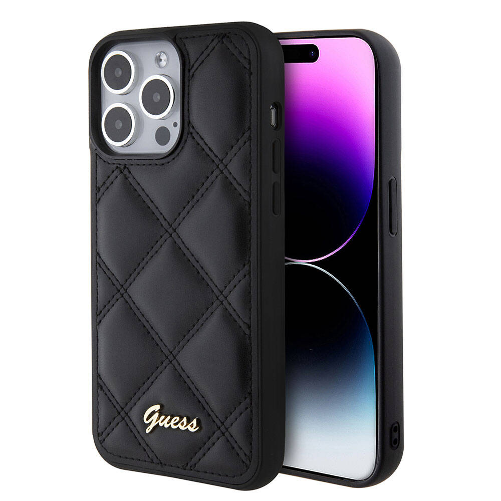 iPhone 15 Pro Max Kılıf Guess Orjinal Lisanslı PU Deri Metal Yazı Logolu Kapitone Kapak