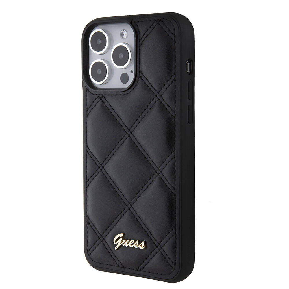 iPhone 15 Pro Max Kılıf Guess Orjinal Lisanslı PU Deri Metal Yazı Logolu Kapitone Kapak