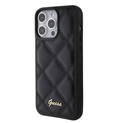 iPhone 15 Pro Max Kılıf Guess Orjinal Lisanslı PU Deri Metal Yazı Logolu Kapitone Kapak
