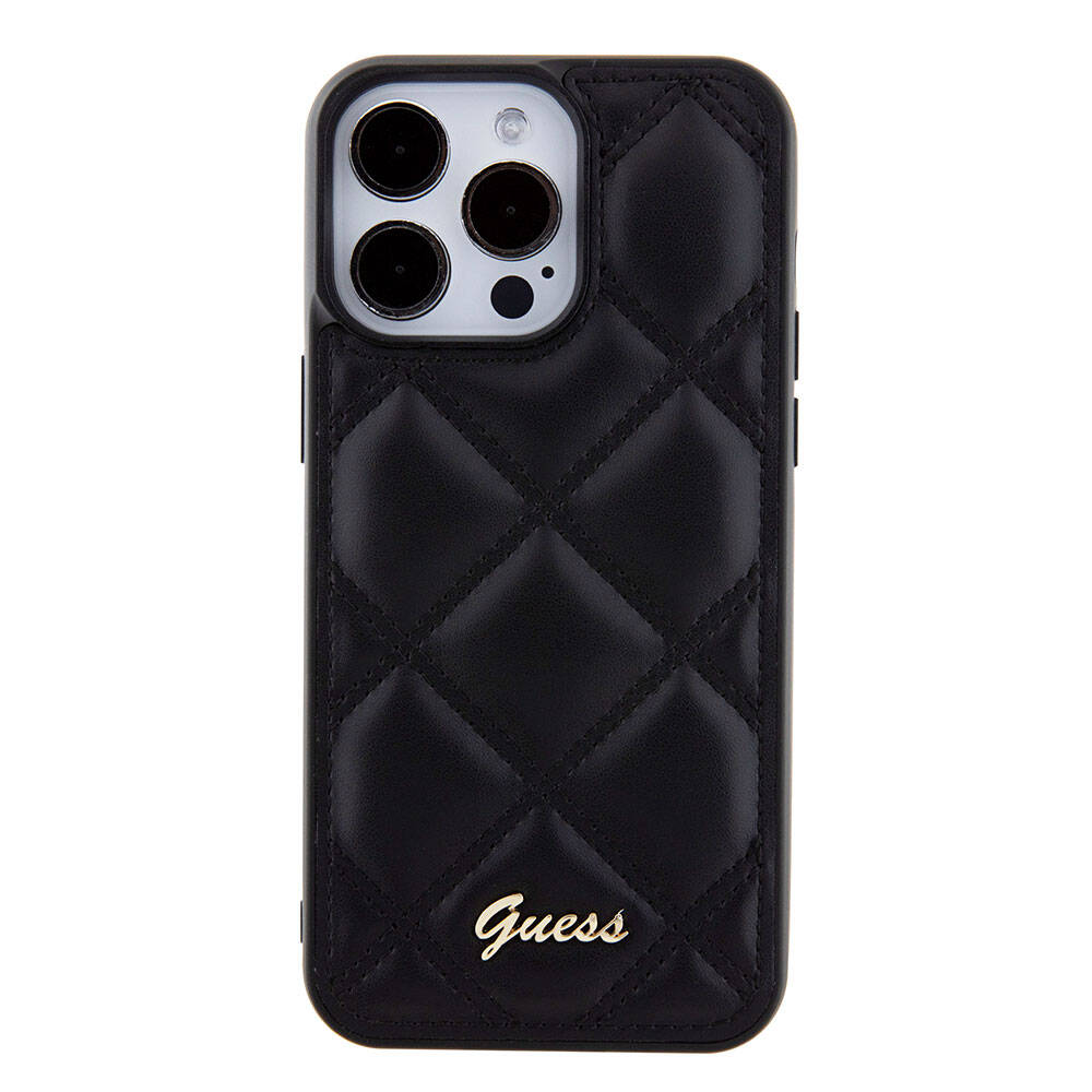 iPhone 15 Pro Max Kılıf Guess Orjinal Lisanslı PU Deri Metal Yazı Logolu Kapitone Kapak