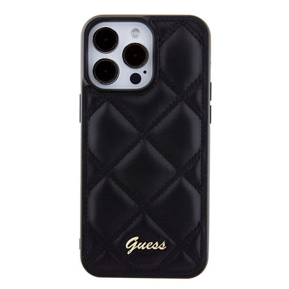 iPhone 15 Pro Max Kılıf Guess Orjinal Lisanslı PU Deri Metal Yazı Logolu Kapitone Kapak