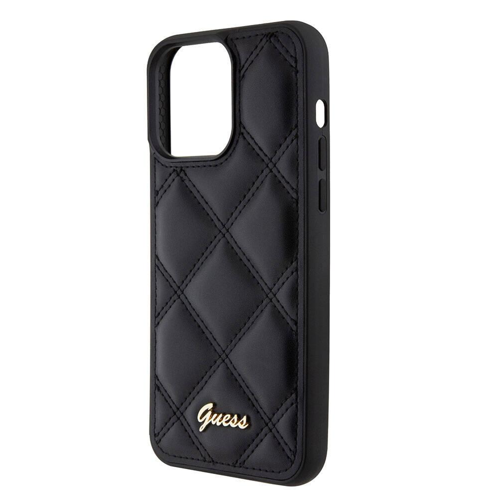 iPhone 15 Pro Max Kılıf Guess Orjinal Lisanslı PU Deri Metal Yazı Logolu Kapitone Kapak