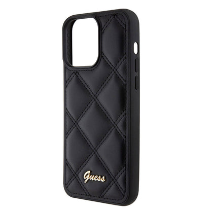 iPhone 15 Pro Max Kılıf Guess Orjinal Lisanslı PU Deri Metal Yazı Logolu Kapitone Kapak
