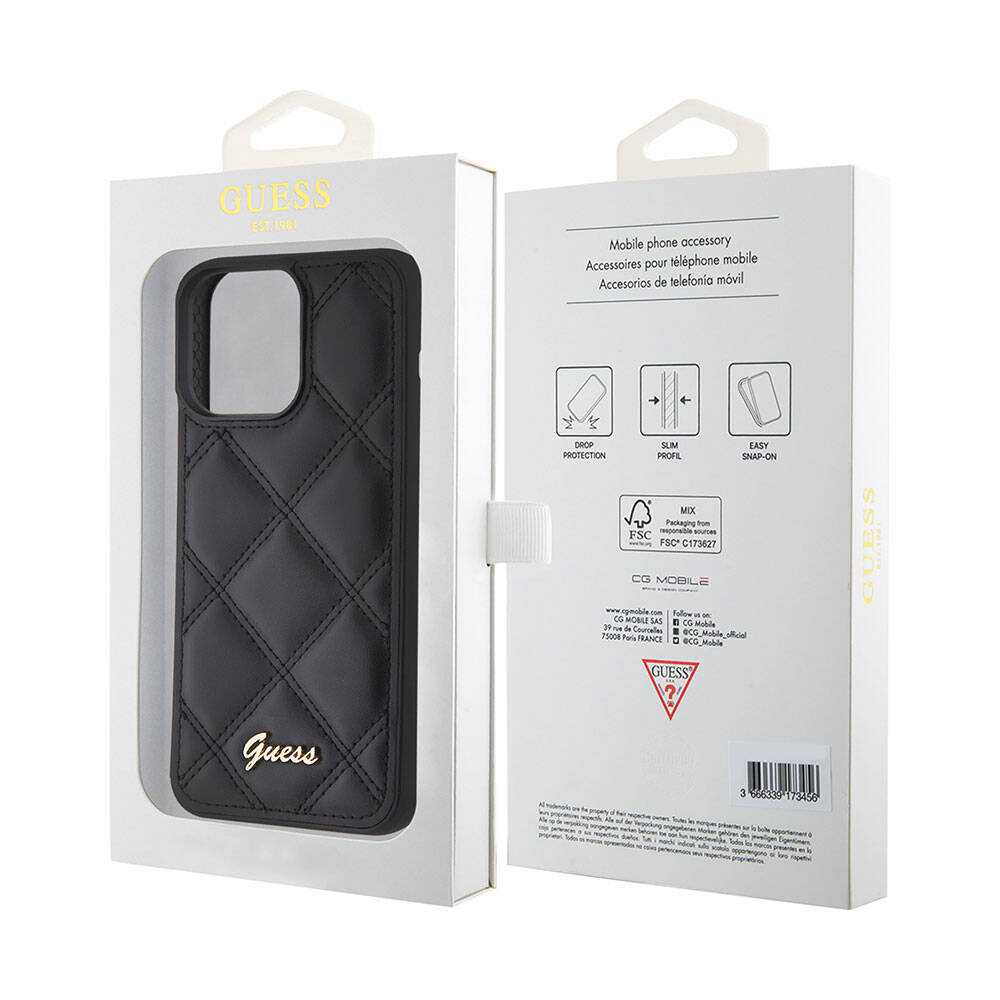 iPhone 15 Pro Max Kılıf Guess Orjinal Lisanslı PU Deri Metal Yazı Logolu Kapitone Kapak