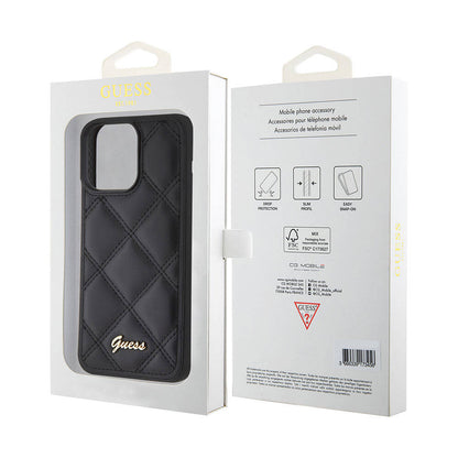 iPhone 15 Pro Max Kılıf Guess Orjinal Lisanslı PU Deri Metal Yazı Logolu Kapitone Kapak
