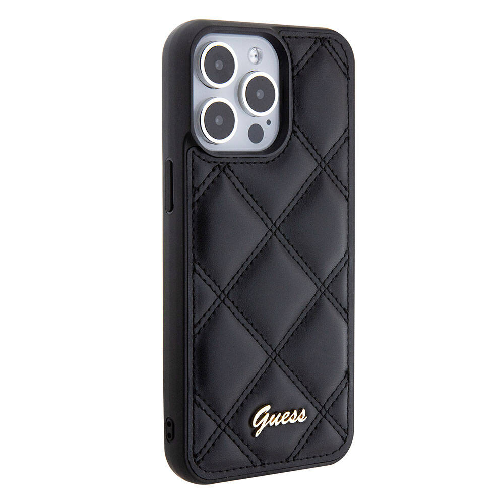 iPhone 15 Pro Max Kılıf Guess Orjinal Lisanslı PU Deri Metal Yazı Logolu Kapitone Kapak