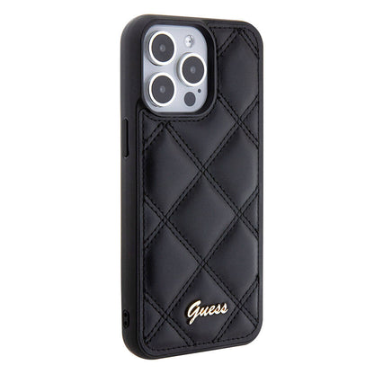 iPhone 15 Pro Max Kılıf Guess Orjinal Lisanslı PU Deri Metal Yazı Logolu Kapitone Kapak