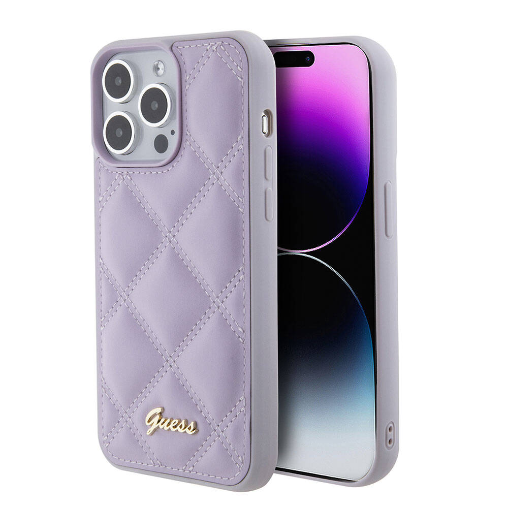 iPhone 15 Pro Max Kılıf Guess Orjinal Lisanslı PU Deri Metal Yazı Logolu Kapitone Kapak