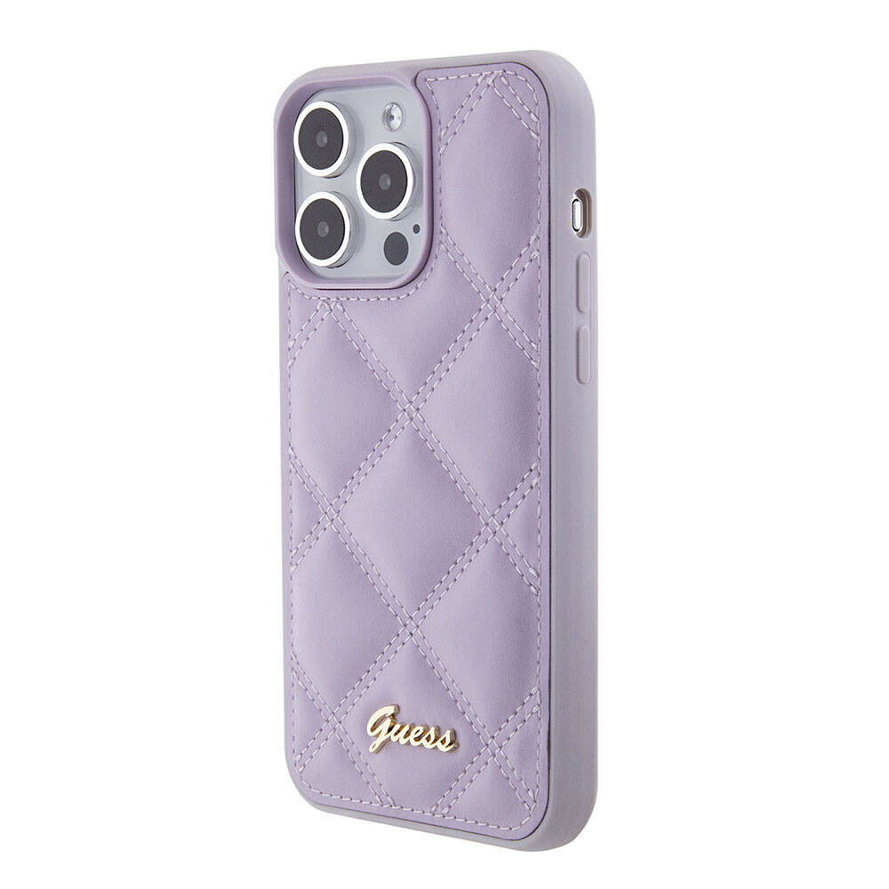 iPhone 15 Pro Max Kılıf Guess Orjinal Lisanslı PU Deri Metal Yazı Logolu Kapitone Kapak