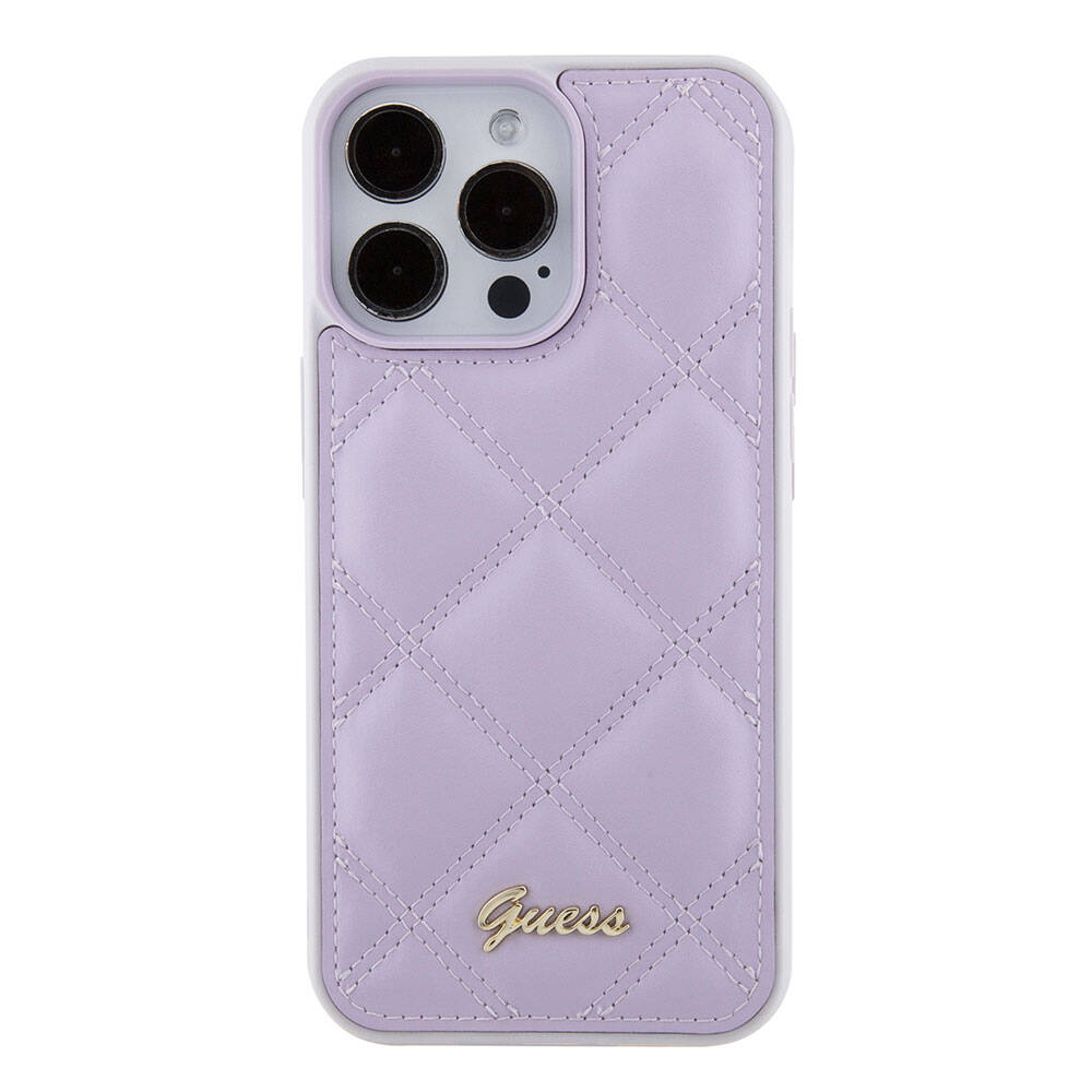 iPhone 15 Pro Max Kılıf Guess Orjinal Lisanslı PU Deri Metal Yazı Logolu Kapitone Kapak