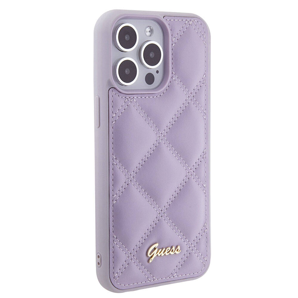 iPhone 15 Pro Max Kılıf Guess Orjinal Lisanslı PU Deri Metal Yazı Logolu Kapitone Kapak