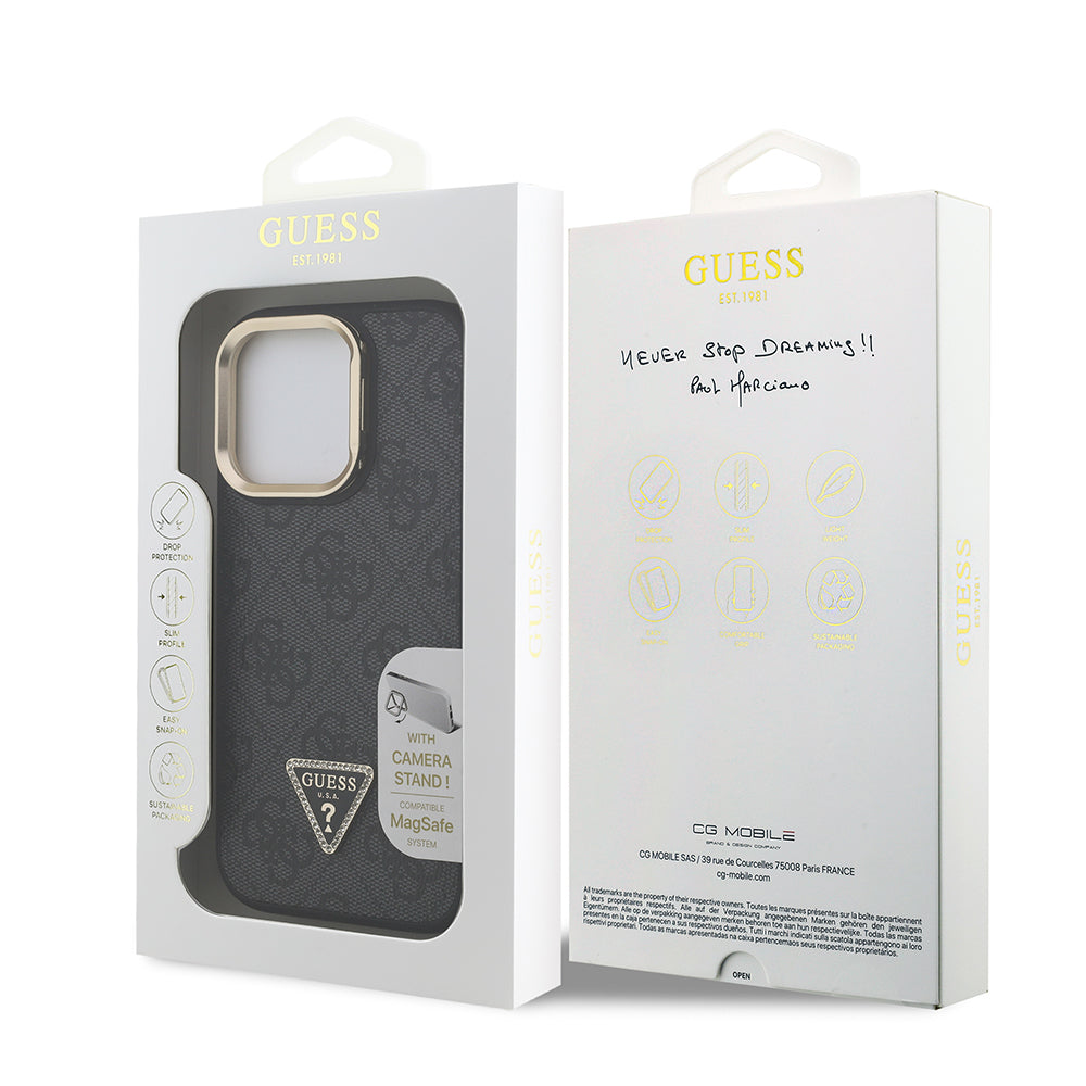 iPhone 15 Pro Max Kılıf Guess Orjinal Lisanslı PU Deri Taşlı Üçgen Logo 4G Desenli Kamera Standlı Kapak