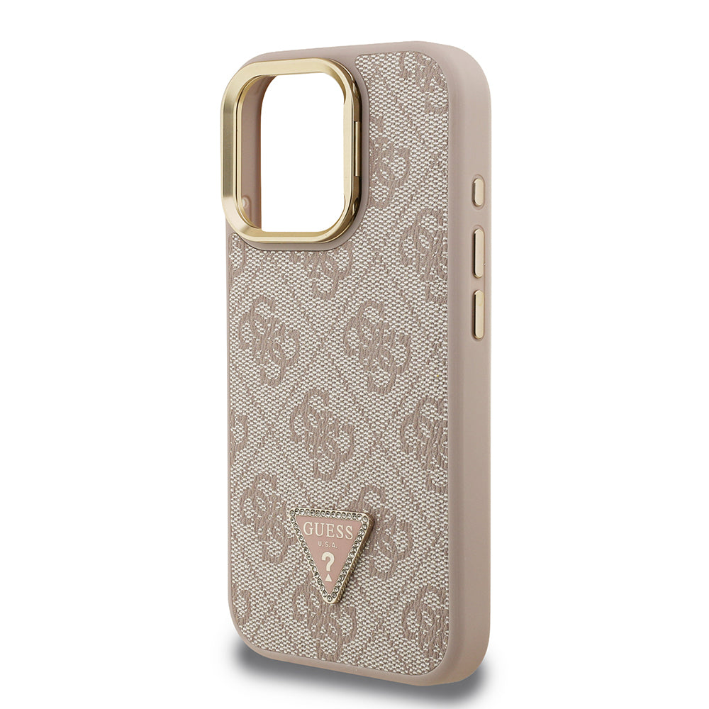 iPhone 15 Pro Max Kılıf Guess Orjinal Lisanslı PU Deri Taşlı Üçgen Logo 4G Desenli Kamera Standlı Kapak