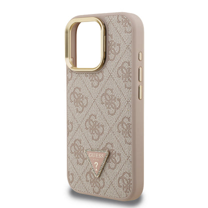 iPhone 15 Pro Max Kılıf Guess Orjinal Lisanslı PU Deri Taşlı Üçgen Logo 4G Desenli Kamera Standlı Kapak