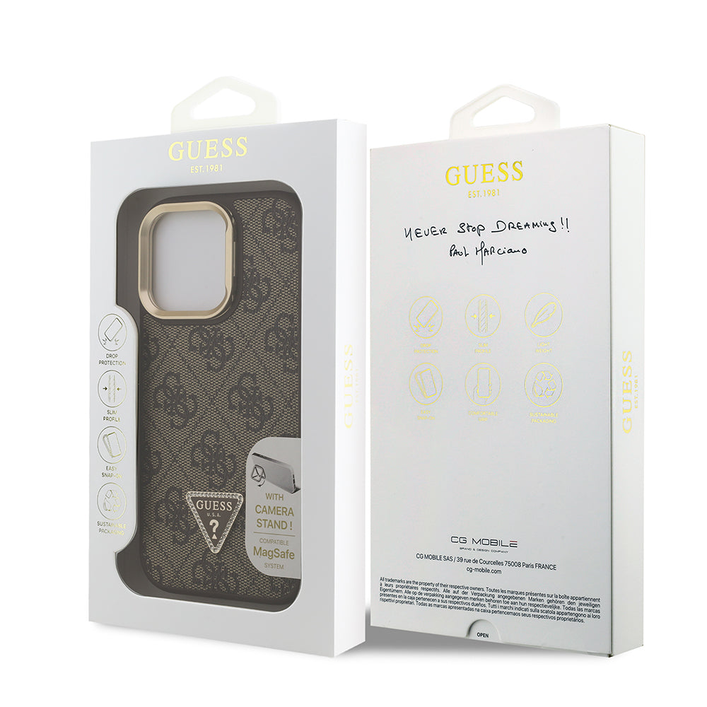iPhone 15 Pro Max Kılıf Guess Orjinal Lisanslı PU Deri Taşlı Üçgen Logo 4G Desenli Kamera Standlı Kapak