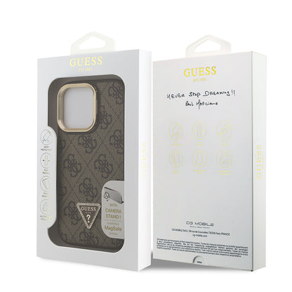 iPhone 15 Pro Max Kılıf Guess Orjinal Lisanslı PU Deri Taşlı Üçgen Logo 4G Desenli Kamera Standlı Kapak