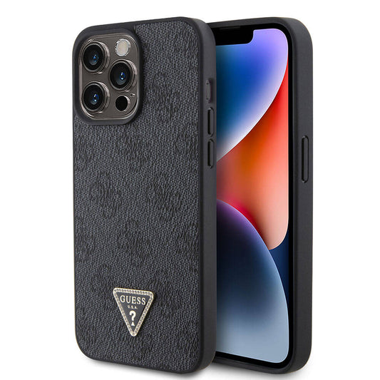 iPhone 15 Pro Max Kılıf Guess Orjinal Lisanslı PU Deri Taşlı Üçgen Logo 4G Desenli Strass Kapak