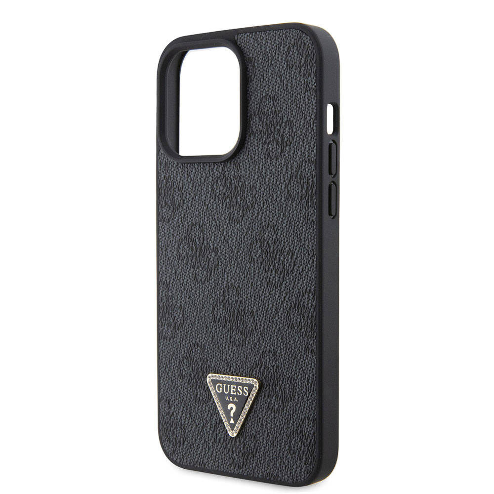iPhone 15 Pro Max Kılıf Guess Orjinal Lisanslı PU Deri Taşlı Üçgen Logo 4G Desenli Strass Kapak