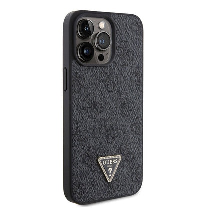 iPhone 15 Pro Max Kılıf Guess Orjinal Lisanslı PU Deri Taşlı Üçgen Logo 4G Desenli Strass Kapak