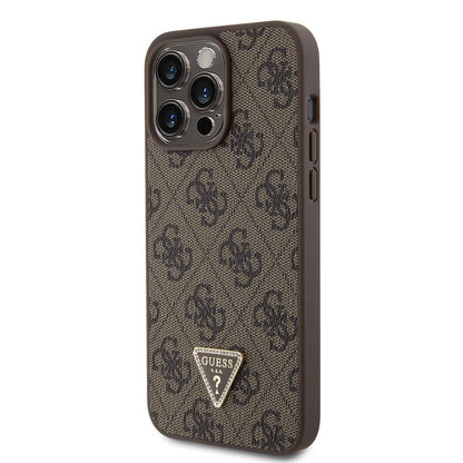 iPhone 15 Pro Max Kılıf Guess Orjinal Lisanslı PU Deri Taşlı Üçgen Logo 4G Desenli Strass Kapak