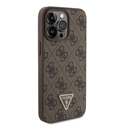 iPhone 15 Pro Max Kılıf Guess Orjinal Lisanslı PU Deri Taşlı Üçgen Logo 4G Desenli Strass Kapak