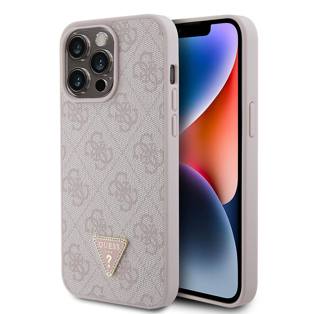 iPhone 15 Pro Max Kılıf Guess Orjinal Lisanslı PU Deri Taşlı Üçgen Logo 4G Desenli Strass Kapak