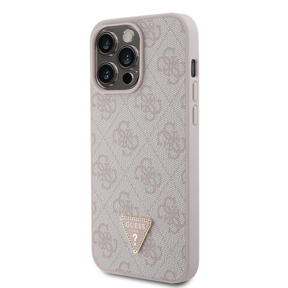 iPhone 15 Pro Max Kılıf Guess Orjinal Lisanslı PU Deri Taşlı Üçgen Logo 4G Desenli Strass Kapak