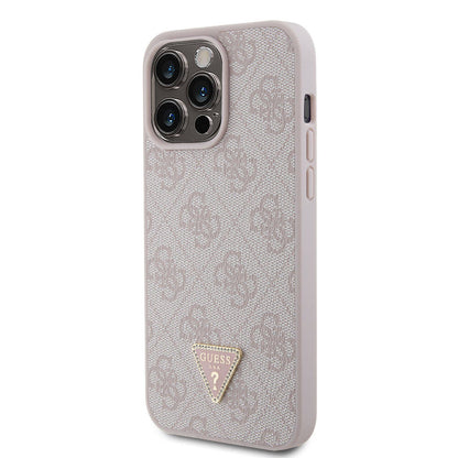 iPhone 15 Pro Max Kılıf Guess Orjinal Lisanslı PU Deri Taşlı Üçgen Logo 4G Desenli Strass Kapak