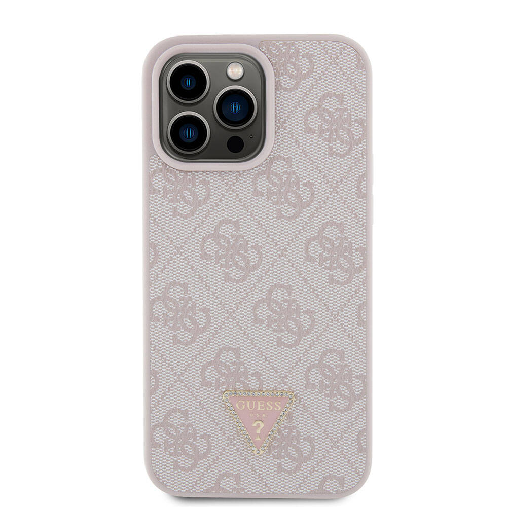 iPhone 15 Pro Max Kılıf Guess Orjinal Lisanslı PU Deri Taşlı Üçgen Logo 4G Desenli Strass Kapak