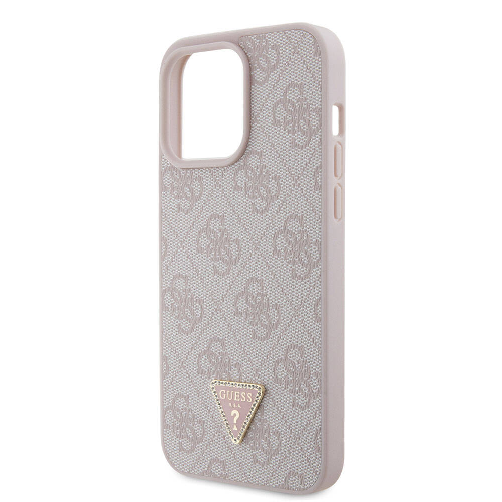 iPhone 15 Pro Max Kılıf Guess Orjinal Lisanslı PU Deri Taşlı Üçgen Logo 4G Desenli Strass Kapak