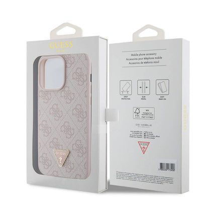 iPhone 15 Pro Max Kılıf Guess Orjinal Lisanslı PU Deri Taşlı Üçgen Logo 4G Desenli Strass Kapak