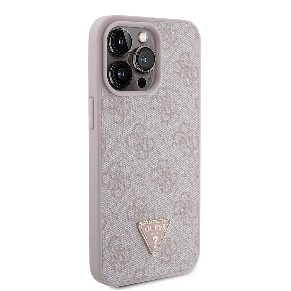 iPhone 15 Pro Max Kılıf Guess Orjinal Lisanslı PU Deri Taşlı Üçgen Logo 4G Desenli Strass Kapak
