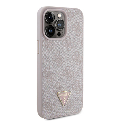 iPhone 15 Pro Max Kılıf Guess Orjinal Lisanslı PU Deri Taşlı Üçgen Logo 4G Desenli Strass Kapak