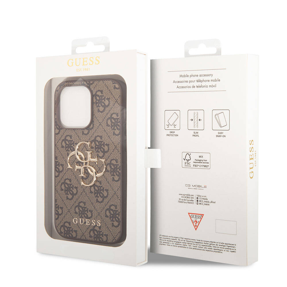iPhone 15 Pro Max Kılıf Guess Orjinal Lisanslı PU Deri Yazı ve 4G Metal Logolu Desenli Kapak