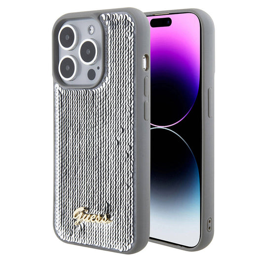 iPhone 15 Pro Max Kılıf Guess Orjinal Lisanslı Pullu Arka Yüzey Metal Yazı Logolu Sequin Script Kapak