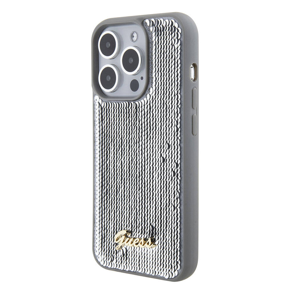iPhone 15 Pro Max Kılıf Guess Orjinal Lisanslı Pullu Arka Yüzey Metal Yazı Logolu Sequin Script Kapak