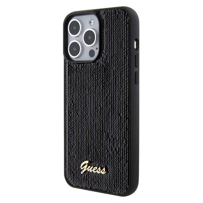 iPhone 15 Pro Max Kılıf Guess Orjinal Lisanslı Pullu Arka Yüzey Metal Yazı Logolu Sequin Script Kapak