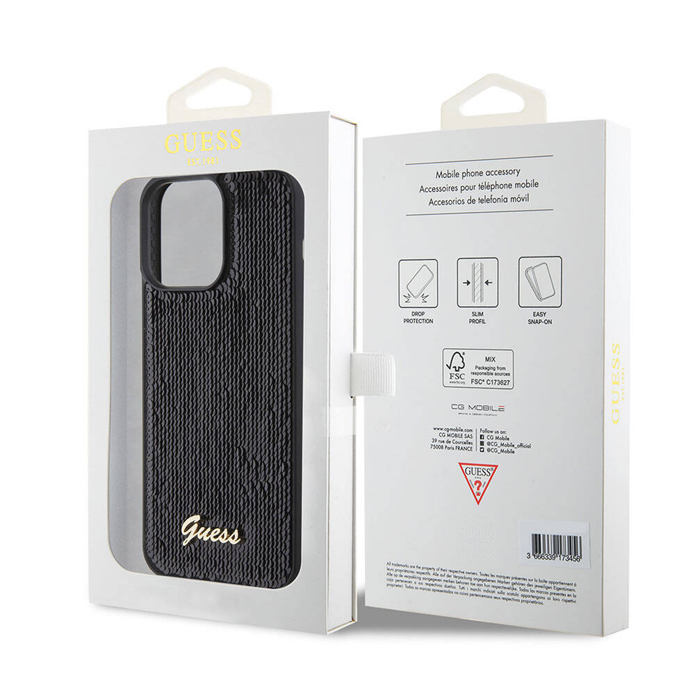 iPhone 15 Pro Max Kılıf Guess Orjinal Lisanslı Pullu Arka Yüzey Metal Yazı Logolu Sequin Script Kapak