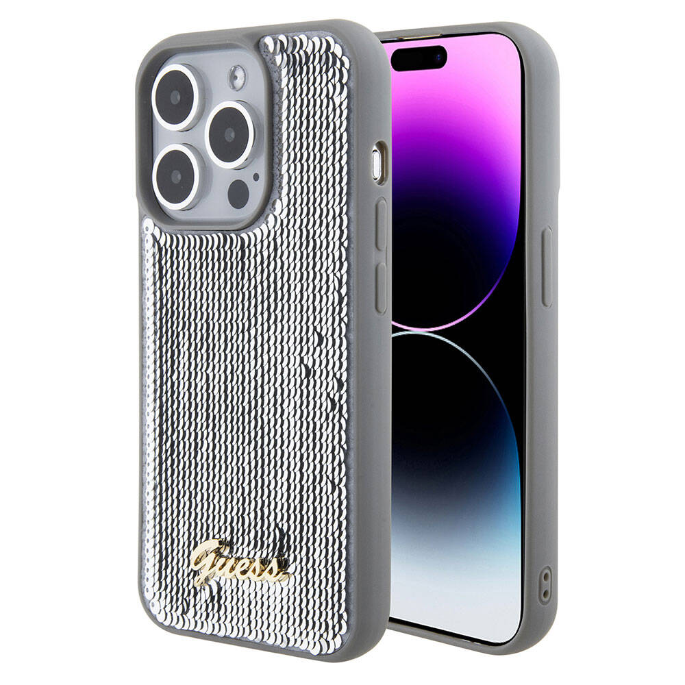 iPhone 15 Pro Max Kılıf Guess Orjinal Lisanslı Pullu Arka Yüzey Metal Yazı Logolu Sequin Script Kapak