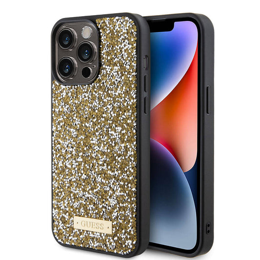 iPhone 15 Pro Max Kılıf Guess Orjinal Lisanslı Taşlı Arka Yüzey Metal Yazı Logolu Kapak