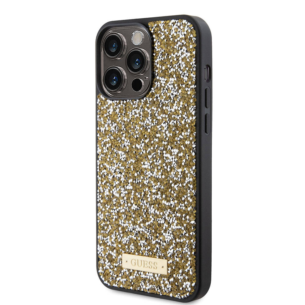 iPhone 15 Pro Max Kılıf Guess Orjinal Lisanslı Taşlı Arka Yüzey Metal Yazı Logolu Kapak