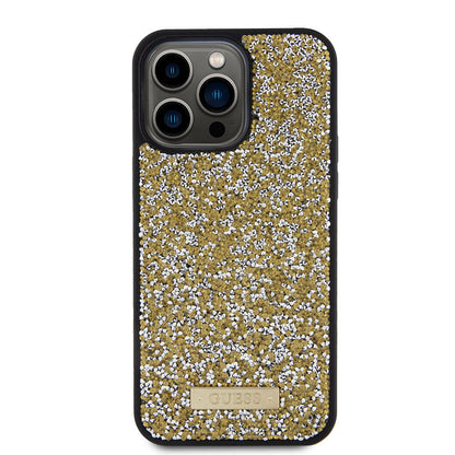 iPhone 15 Pro Max Kılıf Guess Orjinal Lisanslı Taşlı Arka Yüzey Metal Yazı Logolu Kapak