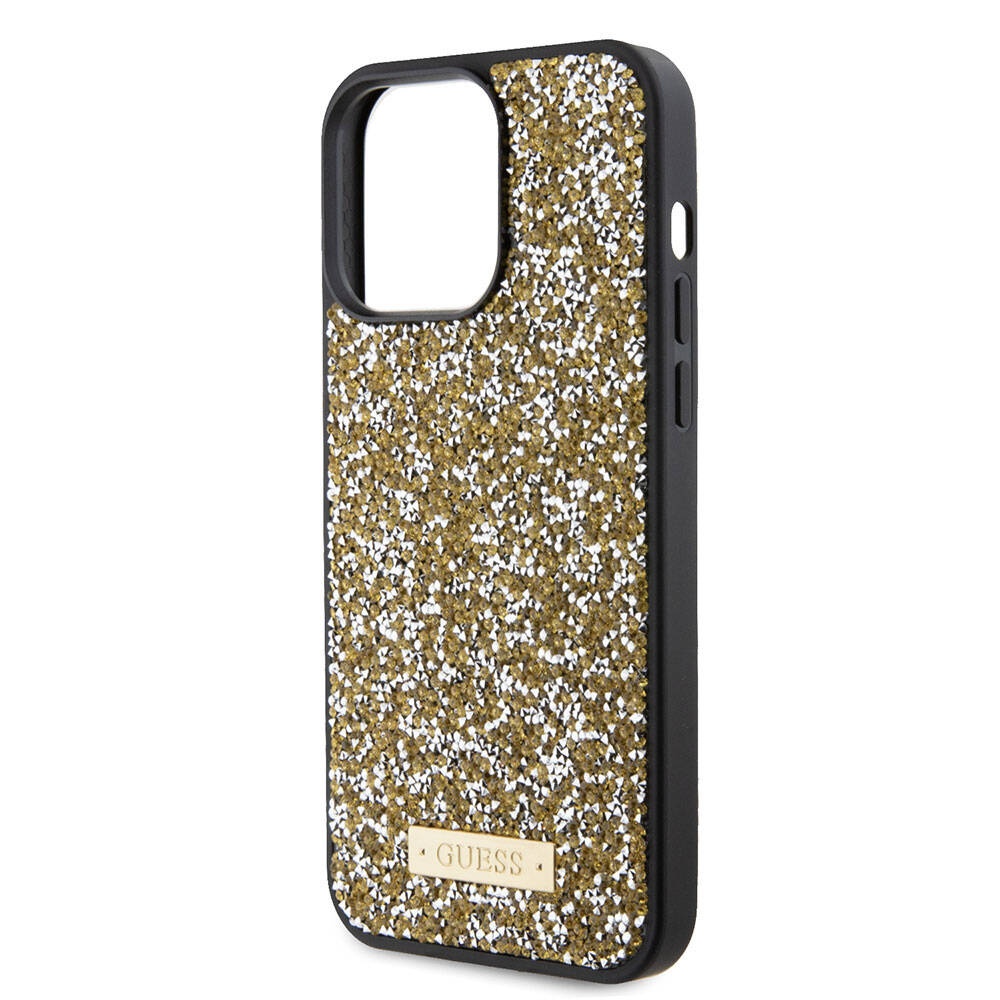 iPhone 15 Pro Max Kılıf Guess Orjinal Lisanslı Taşlı Arka Yüzey Metal Yazı Logolu Kapak